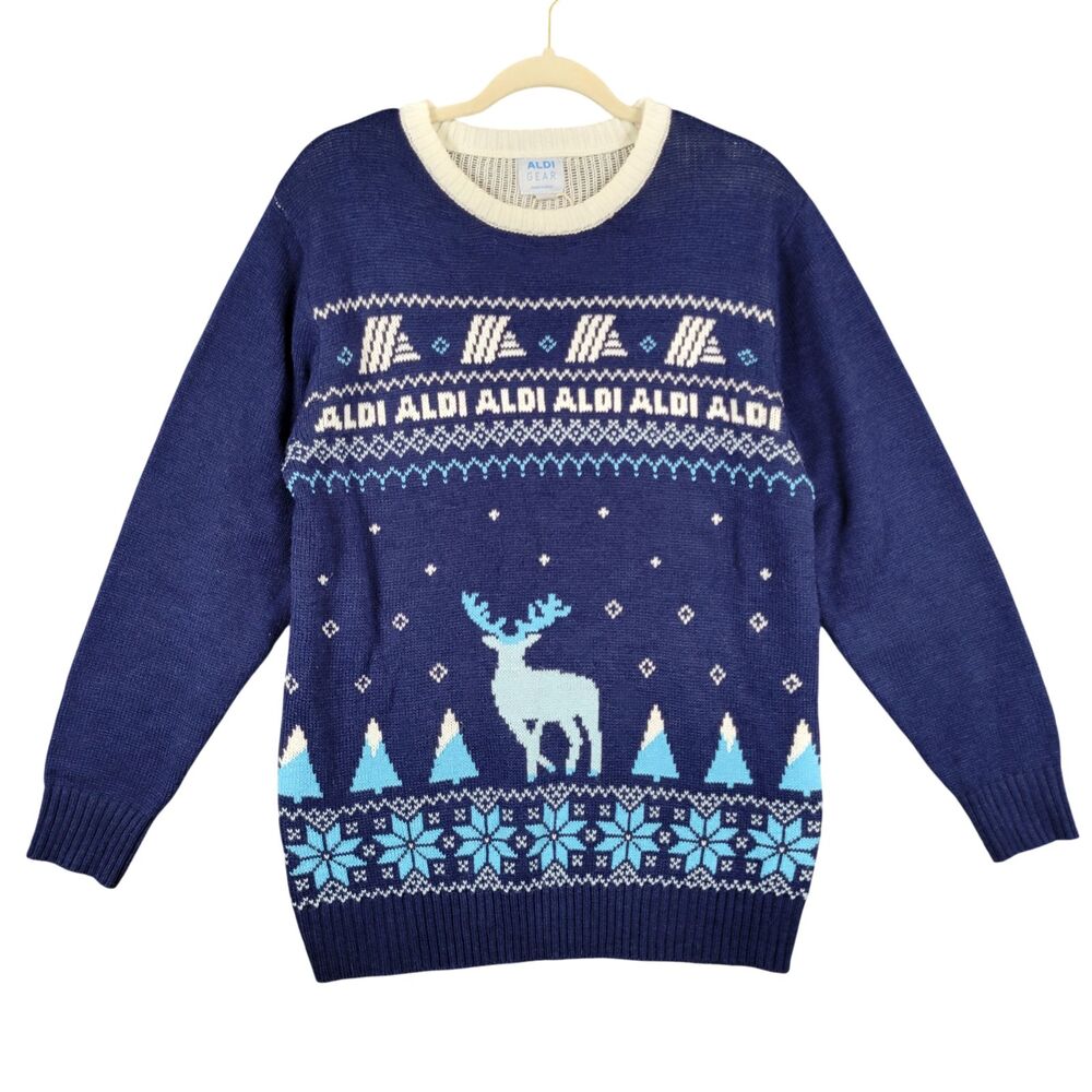NWOT ALDI Blue Winter Holiday Sweater Knitted Ugly Christmas Party SIZE MEDIUM